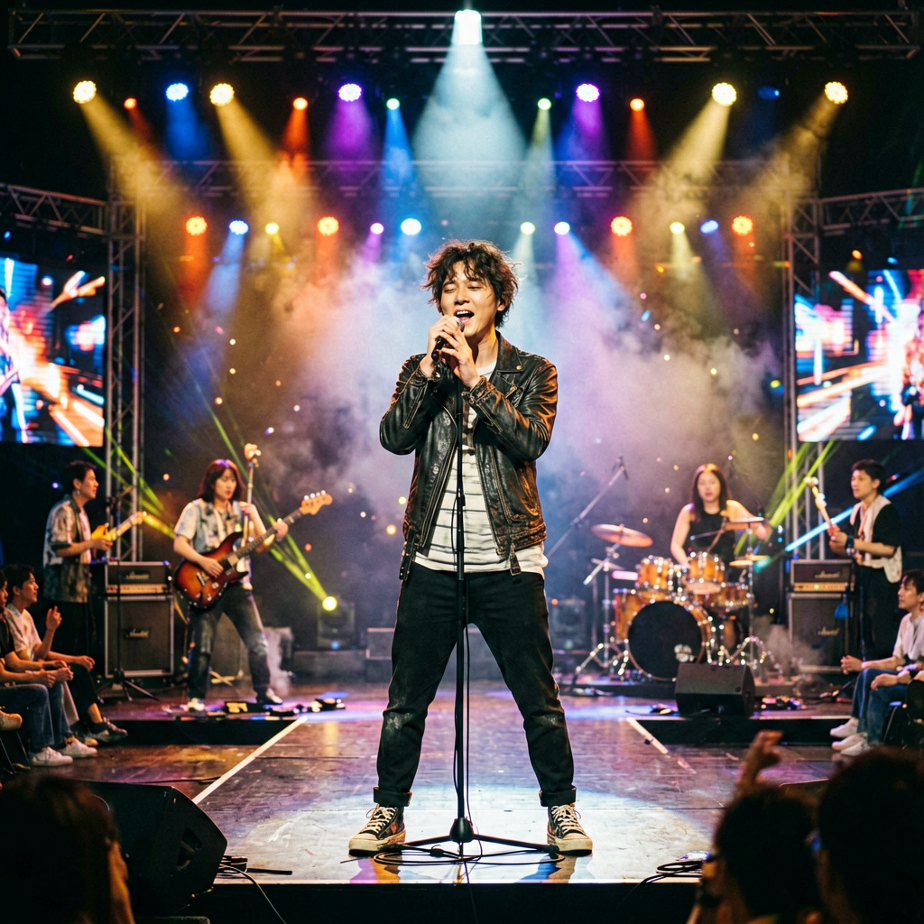 音乐表演环节,歌手在舞台中央演唱
